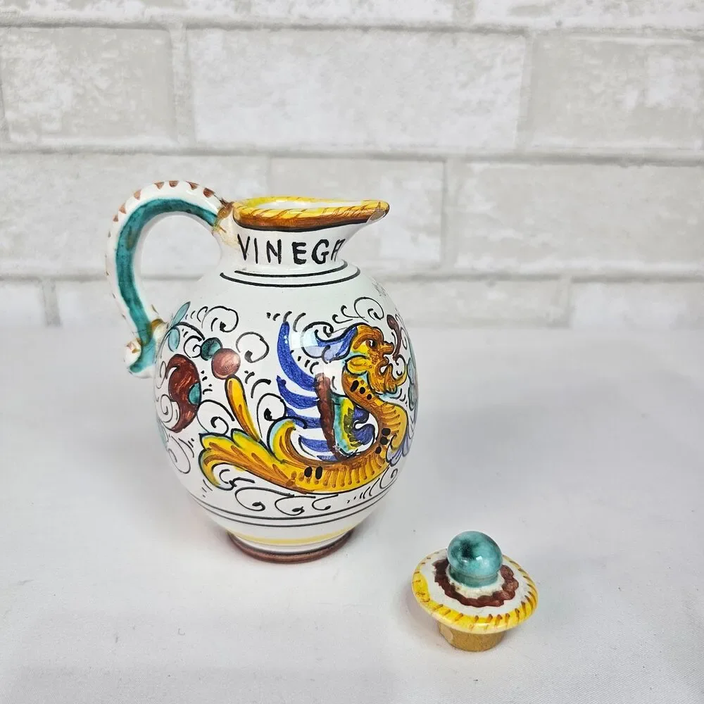 Deruta Italy Raffaellesco Majolica Ceramic Vinegar Cruet Hand Painted Vintage